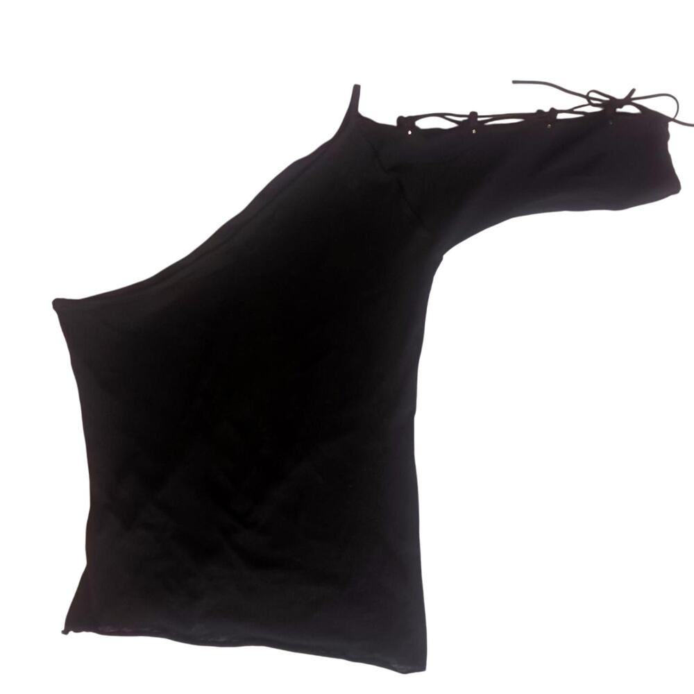 XS y2k black rhinestones, leather lace up arm asymmetrical club going out top